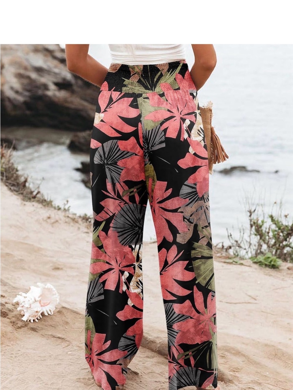 Tropical Print Wide-Leg Track Pants in Black and Coral
